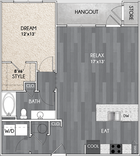 Floor plan for 1 bed, 1 bath, 842 sqft